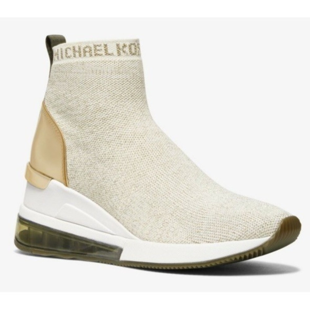 Michael KORS SKYLER EXTREME Bootie Cream GOLD Knit Stretch Logo WEDGE Heel 9.5